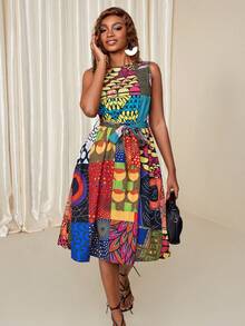 Eryvara Váy không tay cổ tròn họa tiết hỗn hợp Châu Phi dành cho nữ, họa tiết ngẫu nhiên - Nhiều màu - Xem 7