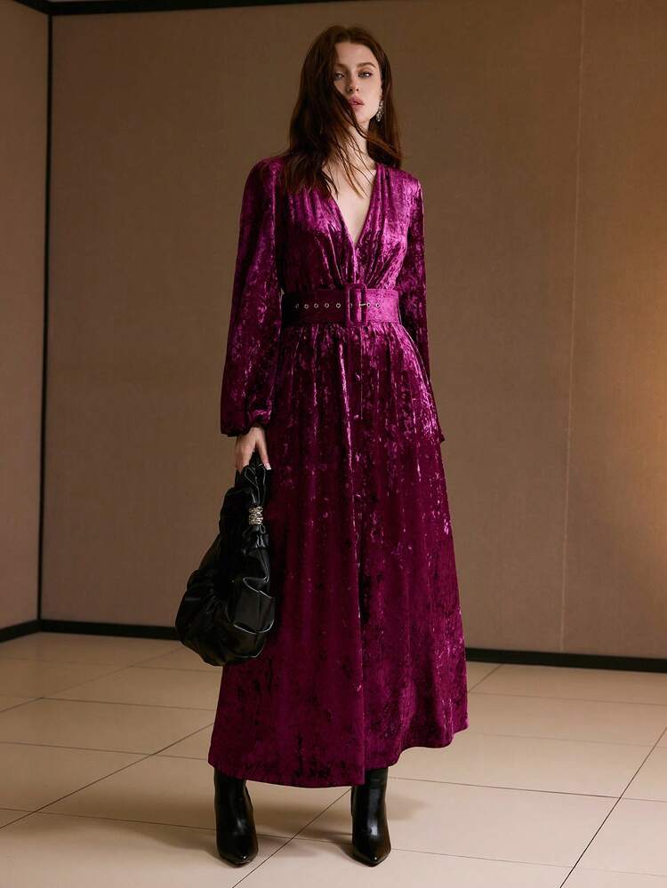 V-NECK RUCHED VELVET MIDI DRESS, AUTUMN/WINTER