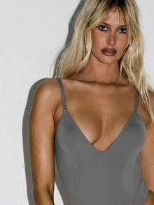 KIZN V Neck Bodysuit Shapewear Base Layer High Cut Thong Body Suit Seamless Tummy Control Full Coverage Adjustable Straps Foundation Garment Control Wear - Grey - View 3