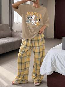 DAZY Women's Casual Puppy Letter Print T-Shirt Top & Plaid Loose Pants Pajama Set - Khaki - View 4
