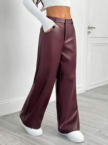 SHEIN PETITE 酒红色纯色 PU 皮革直筒裤，适合圣诞节、新年、情人节、秋冬、派对、约会之夜 - 酒紅色 - 查看 4