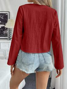 Chiquease （100% 纯棉）纯色系带前落肩衬衫假日纯色梭织宽松常规女式喇叭袖衬衫