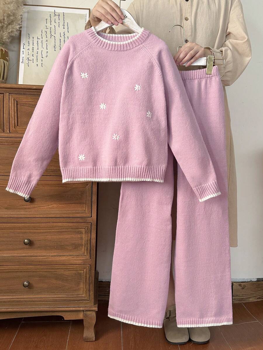 Vintaside Kids 2件套女童可爱花卉针织套装、上衣和裤子 - 粉色 - 查看 1