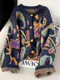 GlowEve CURVE Cárdigan de punto con cuello redondo pequeño, botones, estampado floral de gemas y diseño de Fair Isle multicolor versátil y minimalista de moda para mujer de talla grande 2025
