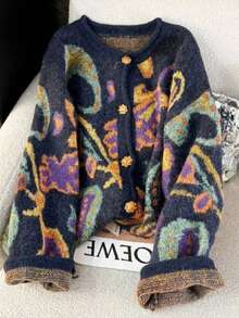 GlowEve CURVE 2025 大码女式时尚休闲简约百搭多色费尔岛图案宝石花卉纽扣小圆领针织开衫