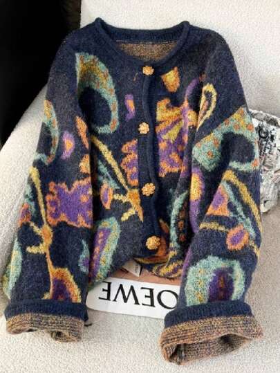 GlowEve CURVE 2025 大码女式时尚休闲简约百搭多色费尔岛图案宝石花卉纽扣小圆领针织开衫