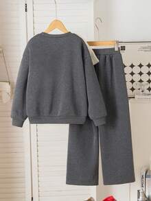 Genkimix Kids 2 件套青少年女孩休闲宽松蝴蝶结圆领长袖运动衫和阔腿裤，适合日常穿着 - 黑色 - 查看 2