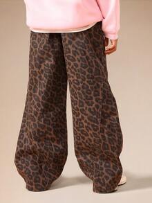 SUMWON Wide Leg Leopard Print Jeans For Girls High Rise Palazzo Style Casual Pants - Khaki - View 4