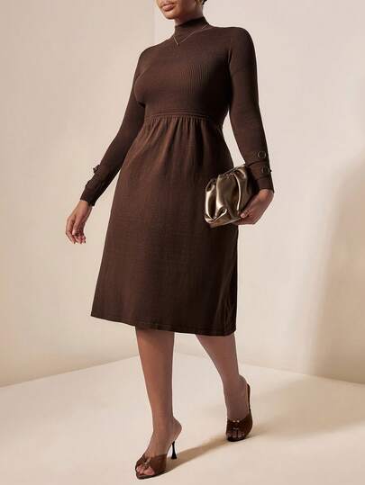 EMERY ROSE 大码女式纯色立领长袖休闲针织连衣裙，秋冬