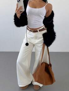 SHEIN SXY 性感可爱白色圣诞仿皮草披肩外套，秋冬时尚黑白上衣优雅休闲皮草上衣女士冬季仿皮草外套 - 黑色 - 查看 6