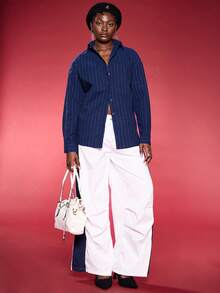 Normani Women's Navy Striped Drop Shoulder Long Sleeve Single-Breasted Back Cutout Tie Shirt Daily Wear,Fall Women Clothes,Sexy Women Tops,Business Casual Women - Navy Blue - View 8