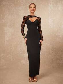 Lumalex Winter Fall Asymmetrical Lace Patchwork Long Sleeve V-Neck Bodycon Dress For Women Long Sleeve Formal Dress Black Long Dress Elegant Black Formal Evening Gown Black Wedding Guest Dress  Luxury Prom Gathering Party Banquet Modest Old Money Coquette Glitter Holiday Party Rave Festival Outing Vacation Hot Outdoor Richly Layered Wedding Season Banquet ID Al-Adha Al-Adha Party New Year ANCORA Red Bordeaux Red BURGUNDY Red Party Must Have Perfect For Frosty Days - Black - View 4