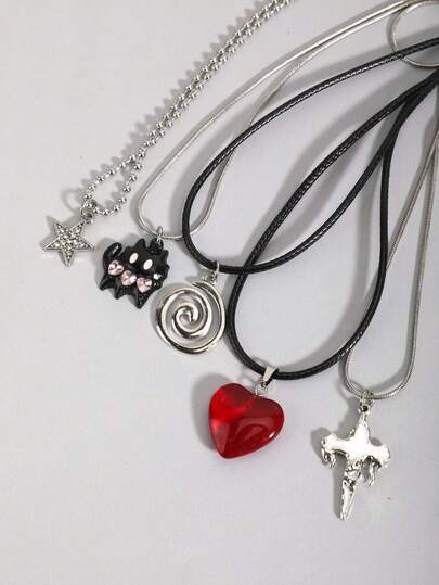 5pcs Vintage Gothic Cross, Sun, Moon, Moth, Skull Necklace Set