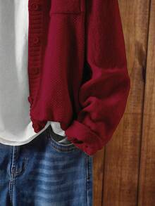 SHEIN Unity 女式纯色落肩长袖口袋休闲针织开衫，秋冬 - 紅色 - 查看 4