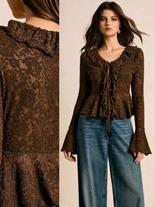Poéselle 女式荷叶边领口前系带喇叭袖时尚衬衫 - 棕色 - 查看 1