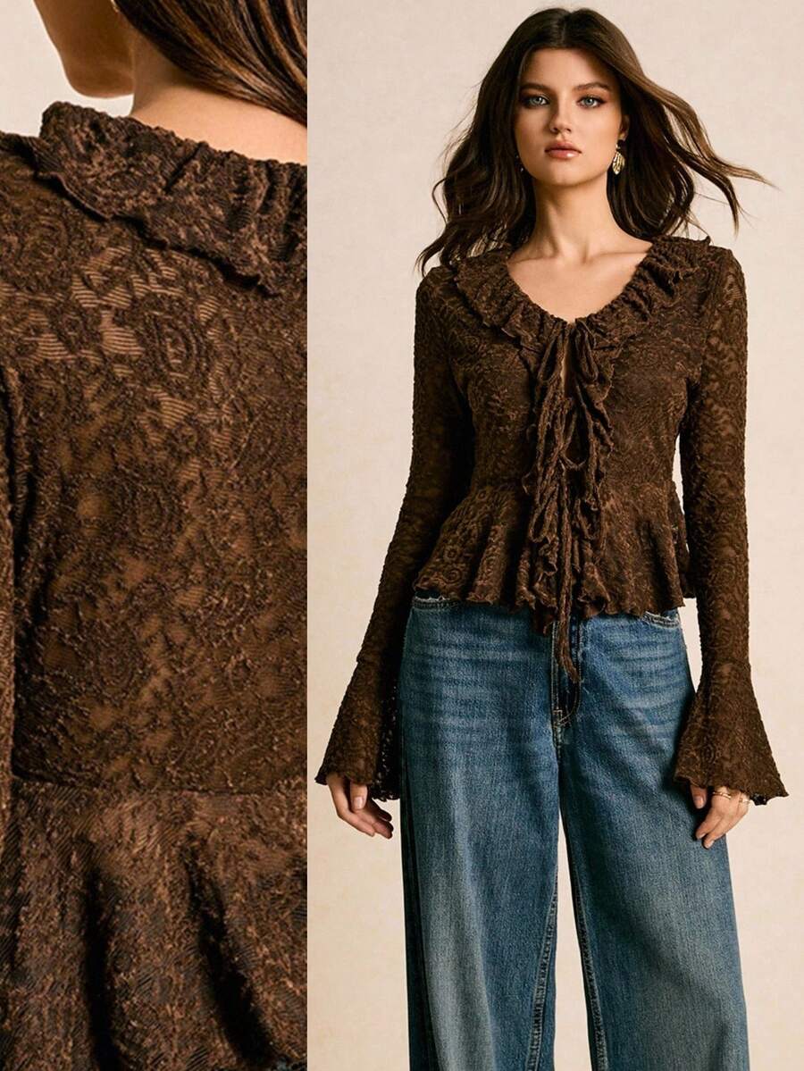 Poéselle 女式荷叶边领口前系带喇叭袖时尚衬衫 - 棕色 - 查看 1