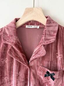 SHEIN Teen Girls Simple Fashion Casual Solid Color Velvet Embossed Fabric Bow Decor Long Sleeve Pants 2 Pieces Pajama Set Pink Pajama Set 2 Pieces Pj Set Velvet Pajama Set Bow Print Pajama Set Red Pj Set Women 2 Piece Pj Set - Dusty Pink - View 6