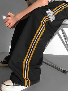 SHEIN Tween Boys' Casual Versatile Comfortable Colorful Ribbon Letter Woven Label Straight Loose Solid Color Pants, Suitable For Commuting, School, Daily Casual, Travel, Sports, Spring/Summer/Fall/Winter,Thanksgiving,Christmas,Winter,Winter Clothes,Cozy Fall & Winter Styles, - Black - View 4