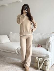 SHEIN Unity 2pcs Women Colorblock Rib-Trim Round Neck Long Sleeve Sweater And Pants Set Fall Winter Cloth For Women - Khaki - View 6