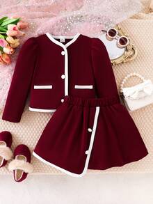 SHEIN Elladie kids 两件套少女时尚白色纽扣黑色长袖假口袋外套，搭配舒适的秋冬两合一半裙套装 - 酒紅色 - 查看 4