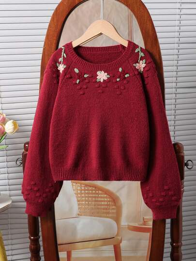 Girls' Countryside Handmade Embroidery Cute Crew Neck Long Sleeve Knit Sweater Top, Autumn/Winter Sweater For Teen Girls Cute Sweater Flower Embroidered Sweater Red Embroidered Sweater Red Sweater