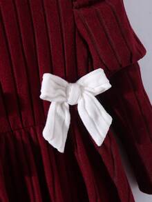 Robe pull à col roulé en tricot côtelé pour jeunes filles, manches gigot + nœud décoratif de couleur contrastée, robe minimaliste et convenant pour le printemps et l'automne - Rouge foncé - Voir 5