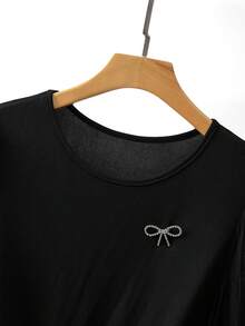 SHEIN Clasi 大码优雅休闲通勤系带腰圆领拼接长袖连衣裙 - 彩色 - 查看 3