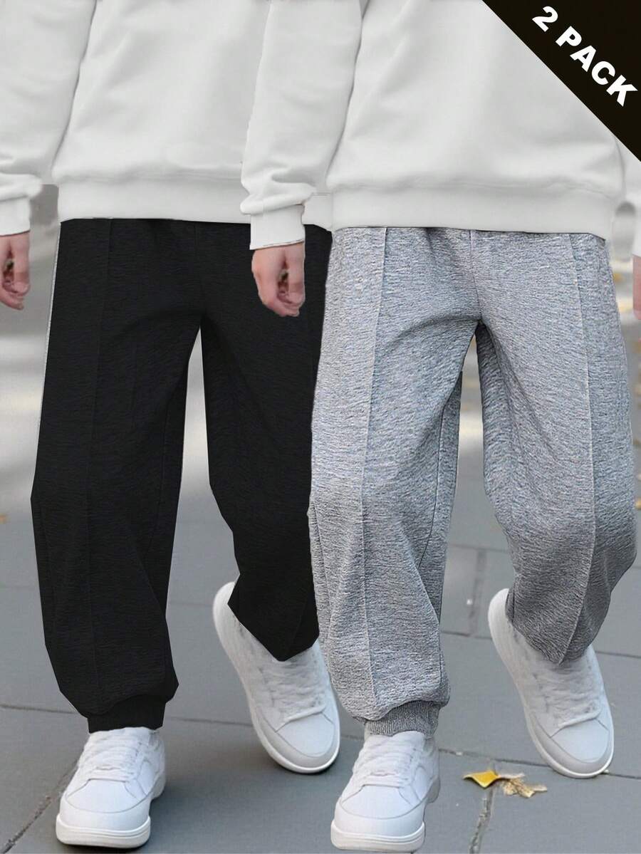 Vacaura 2pcs/Set Boys' Minimalist Ribbed Tapered Leg Pants, Comfortable Fabric, Versatile Color, Suitable For School And Casual Wear, Autumn/Winter - Black - View 1