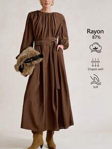 Aalyst Women's Elegant French Style Luxury Chic Christmas Party Casual Vacation Workwear Vintage Loose Waist Ruched Hem Long Sleeve Dress With Pockets