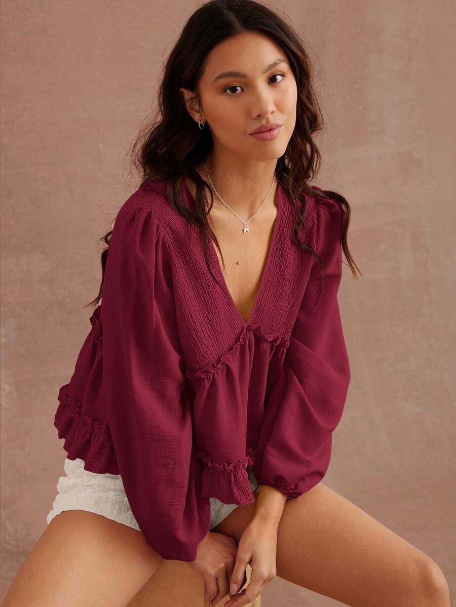 WESTFADE Áo dài tay Babydoll cổ chữ V dệt kim và dệt kim hỗn hợp màu đỏ ngày lễ tình nhân - Màu Đỏ Sâu - Xem 1