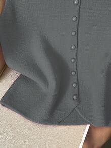 Franclia 休闲宽松高领无袖针织纽扣设计红色女式毛衣上衣，春秋 - 深灰色 - 查看 5