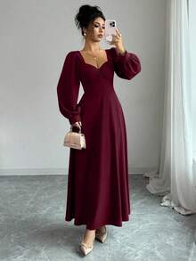 Elenzga 女士优雅方领泡泡袖束腰长裙，适合日常通勤 - 酒紅色 - 查看 7