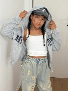 Kleine Mädchen Jacke mit englischen Buchstaben-Muster, Kontrast-Farbige Buchstaben-Muster Mischung im Streetstyle, warmes Strickgewebe geeignet für Herbst/Winter, leicht oversized Passform für Wachstumsraum, energiegeladener Campus & Street-Style! - Grau - Übersicht 4