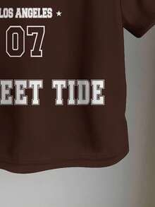 SHEIN 男婴休闲简约字母印花圆领短袖宽松T恤，适合夏季婴幼儿街头穿着，男婴棕色T恤，男婴赛车T恤，男婴图案T恤 - 彩色 - 查看 6