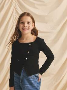 Tween Girl Solid Color Square Neck Fitted Long Sleeve T-Shirt - Black - View 5