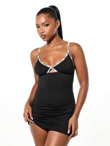SUMWON WOMEN Branded Elastic Cami Bodycon Mini Dress With Cross Front Detail - Black - View 6