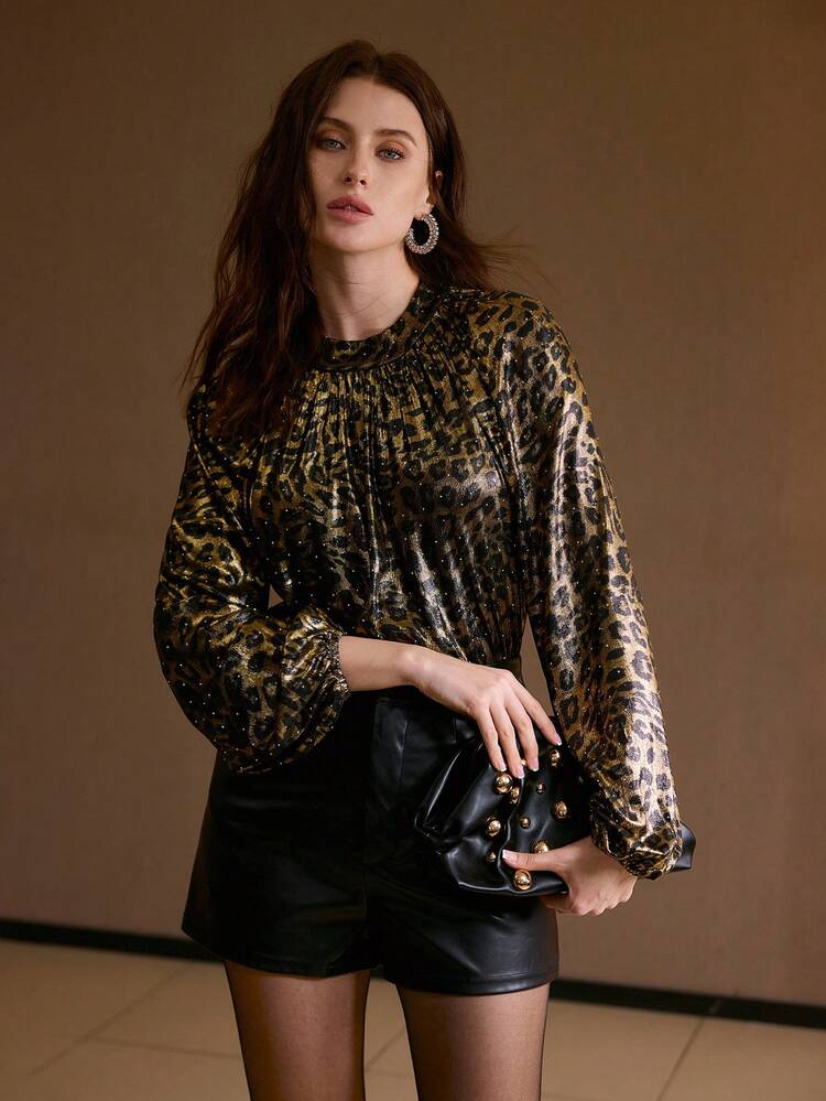 LEOPARD PRINT LANTERN SLEEVE LOOSE BLOUSE, AUTUMN/WINTER
