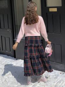 DAZY 少女休闲格子印花多层荷叶边下摆迷你裙