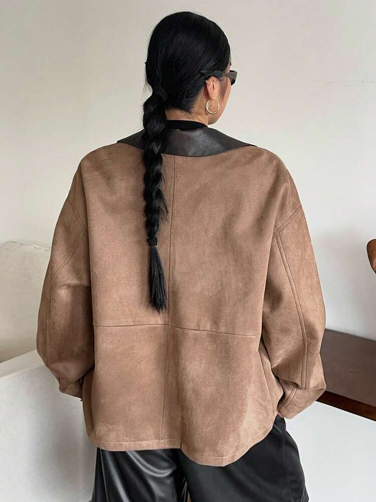 Dazy Plus Color Block Faux Suede Thickened Pocket Street Style Plus Size Women Jacket, Autumn/Winter Women Coats