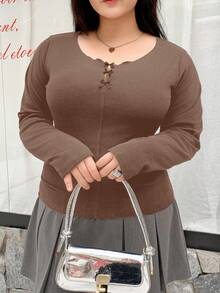 Dazy Plus Crew Neck Bow Decor Slim Fit Long Sleeve T-Shirt, Spring/Summer - Brown - View 3