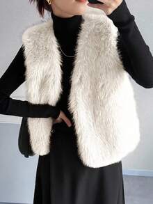 FRIFUL 女士灰色纯色无袖人造毛皮背心，宽松休闲百搭叠穿人造毛皮外套，秋季女士外套 - 米色 - 查看 3