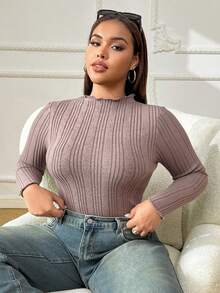 SHEIN EZwear Plus Size Women Casual Pink Long Sleeve T-Shirt, Autumn