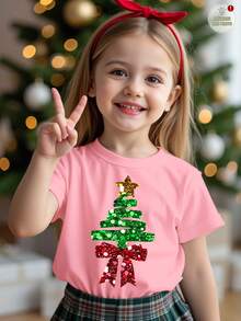 SHEIN Kleine Mädchen Happikins Fröhliche Weihnachten süßer glitzernder strukturierter Stern & Schleife Weihnachtsbaum Muster pudrig rosa festliche lässige minimalistische Rundhals Kurzarm T-Shirt, geeignet für Sommer Weihnachten - Verschiedenfarbig - Übersicht 1