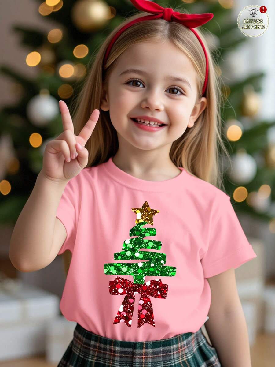 SHEIN Kleine Mädchen Happikins Fröhliche Weihnachten süßer glitzernder strukturierter Stern & Schleife Weihnachtsbaum Muster pudrig rosa festliche lässige minimalistische Rundhals Kurzarm T-Shirt, geeignet für Sommer Weihnachten - Verschiedenfarbig - Übersicht 1