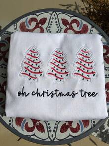 INAWLY Women's Round Neck Long Sleeve Christmas Tree Pattern Casual Versatile Sweatshirt - White - View 3