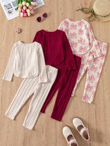 Elladie kids Bộ 3 món cho bé gái, gồm áo dài tay cổ tròn, vạt cong, họa tiết sọc kẻ, quần và nơ in hình hoa hồng đỏ trơn, kiểu dáng thời trang thường ngày. - Màu Đỏ Sâu - Xem 2