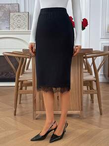 EMERY ROSE Damen eleganter einfarbiger Bleistiftrock mit Spitzenbesatz, geeignet für den Arbeitsweg