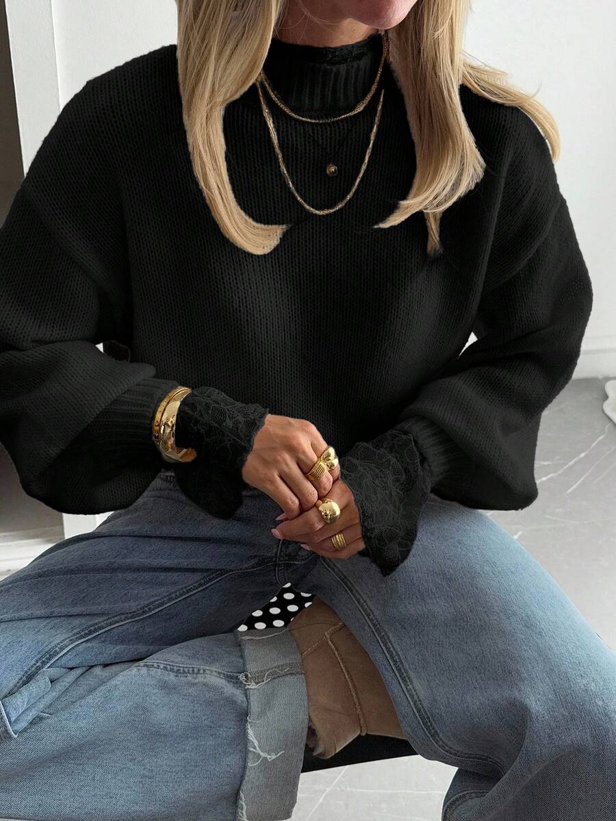 DAZY 秋季新款宽松休闲蕾丝拼接女式毛衣 - 黑色 - 查看 1