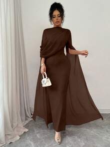 SHEIN PETITE 优雅收腰紧身斜肩褶饰透明飘逸袖开叉连衣裙，针织弹力红色女式礼服，适合秋冬派对、宴会、活动