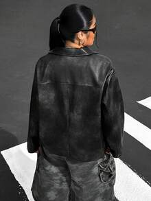 Veste  délavée et accentuée, style américain rétro, automne/hiver, grande taille - Noir - Voir 2